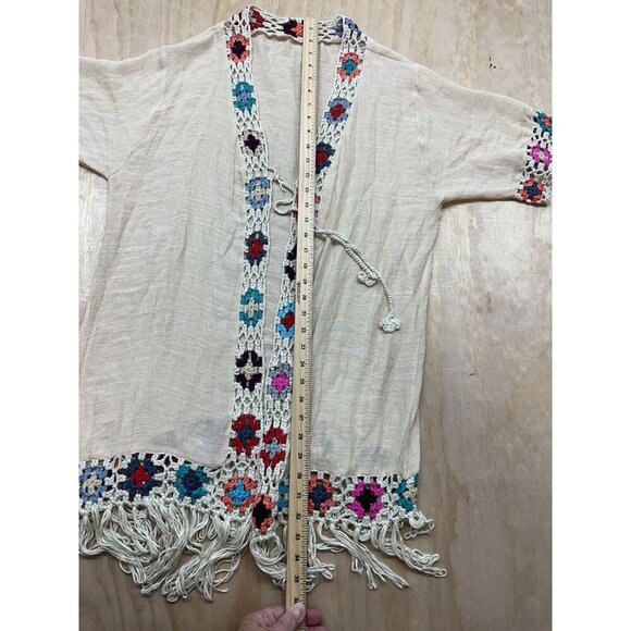 Boho Crochet Kimono Cardigan Fringe Open Front Festival Hippie Topper One Size - Picture 3 of 7